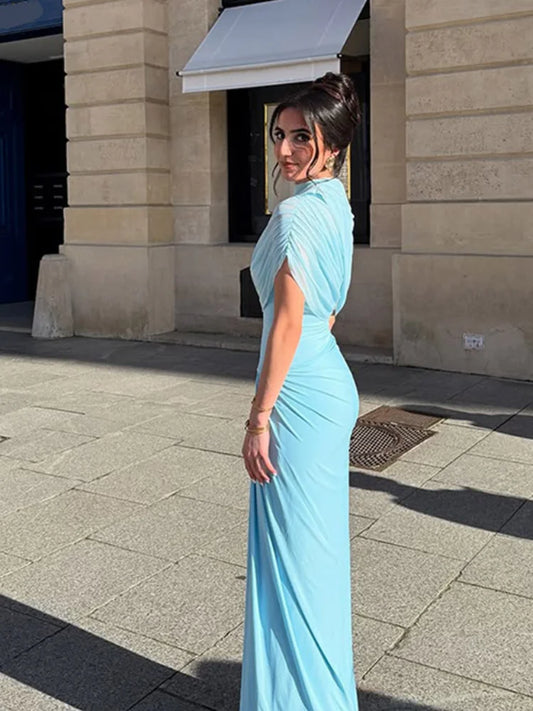 Irregular Shawl Blue Maxi Dress – Women’s 2025 Slim‑Fit Turtleneck Pleated Evening Party Dress