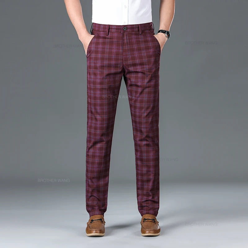 Slim‑Fit Plaid Cotton Pants
