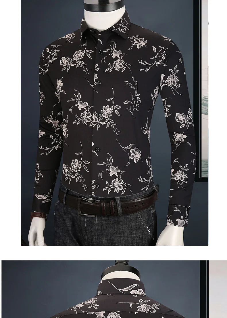Men Long Sleeve Floral Print Shirt Brand Casual Fashion Button Up Printed Flower Shirts Dress Men Slim Fit Thin Clothing