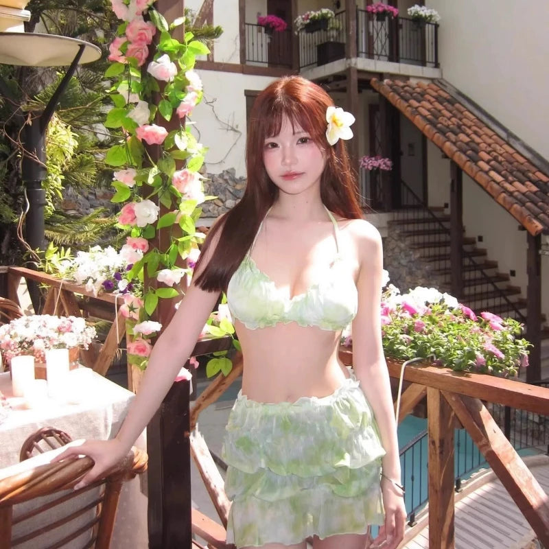 Women's Premium Bikini Set Vintage Ditsy Floral Brightening 3 Piece Swimsuit Cover Up Low Waisted Beach Pool Vacay Swimsuit
