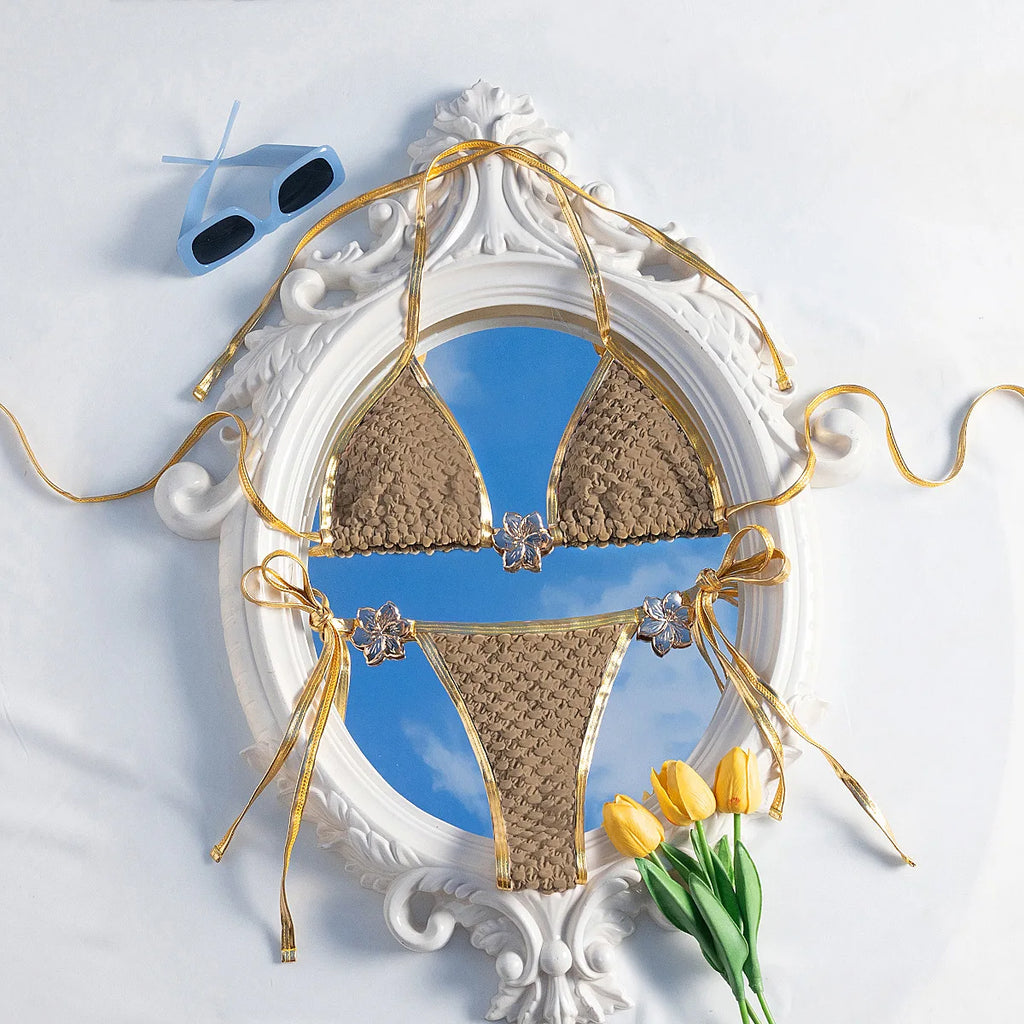2026 Sexy White & Gold Contrast Bikini — Metal Starfish Push‑Up Triangle Micro Swimsuit for Women