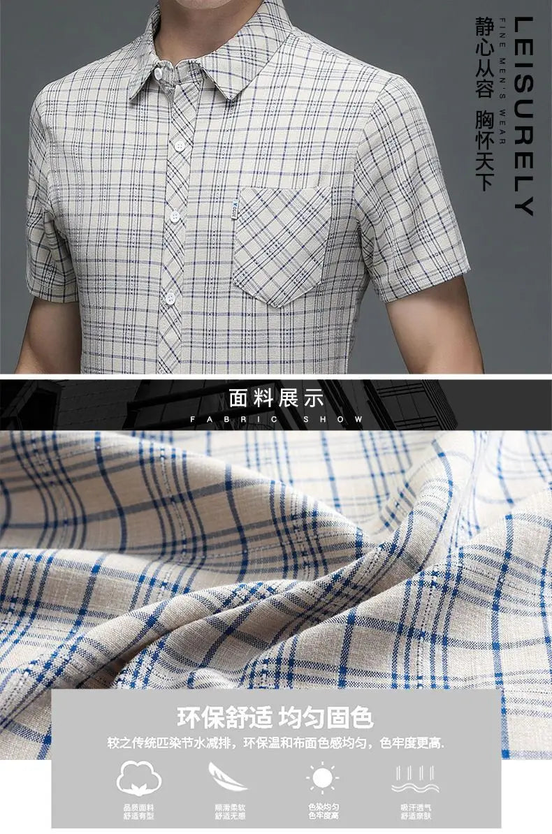 Grey Plaid Short‑Sleeve Button‑Down Shirt