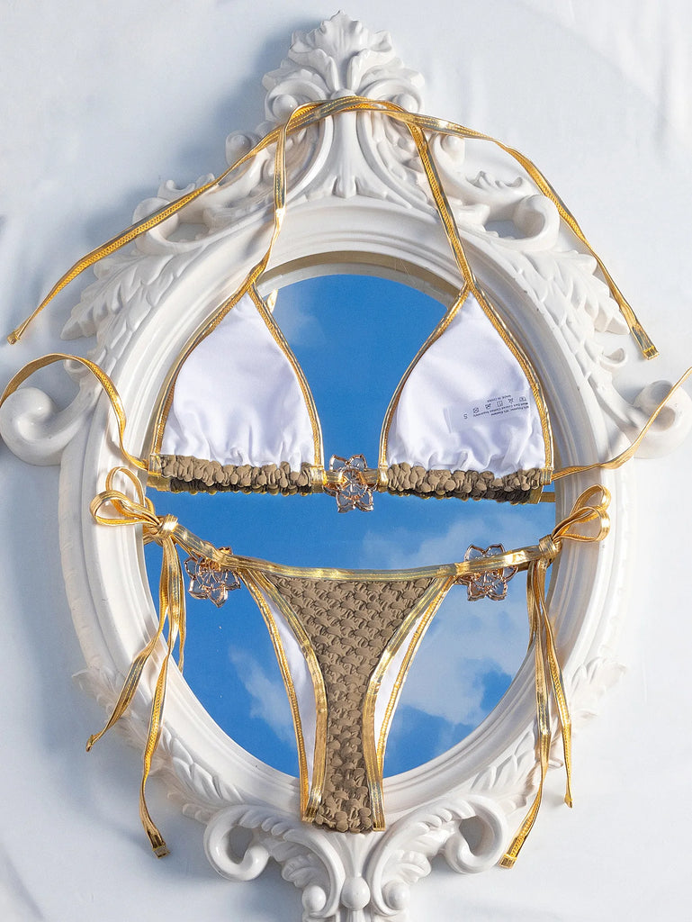 2026 Sexy White & Gold Contrast Bikini — Metal Starfish Push‑Up Triangle Micro Swimsuit for Women
