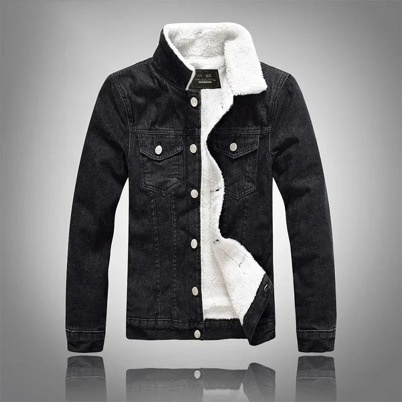 Men's Autumn Winter Solid Casual Jacket Denim Jacket Male Thickened Lamb Fleece Lined Warm Coats for Men Plus Size S-6XL