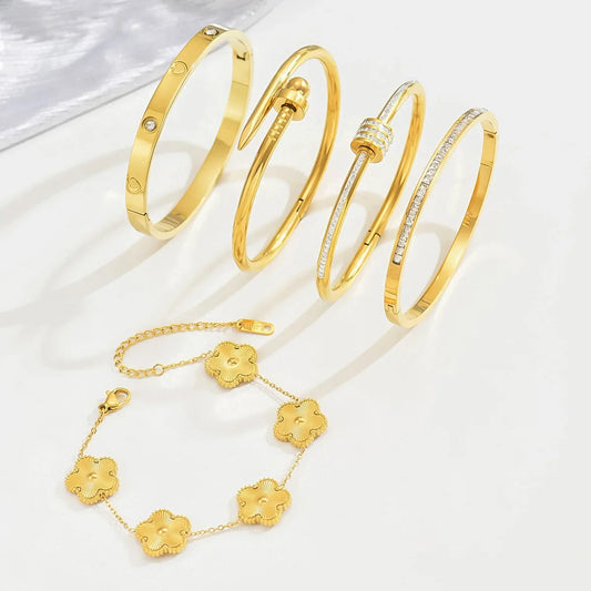 Waterproof Stainless Steel Bangle Lucky Clover Women's Gold Plated Bracelets with Flowers Design Luxury Jewelry Gift