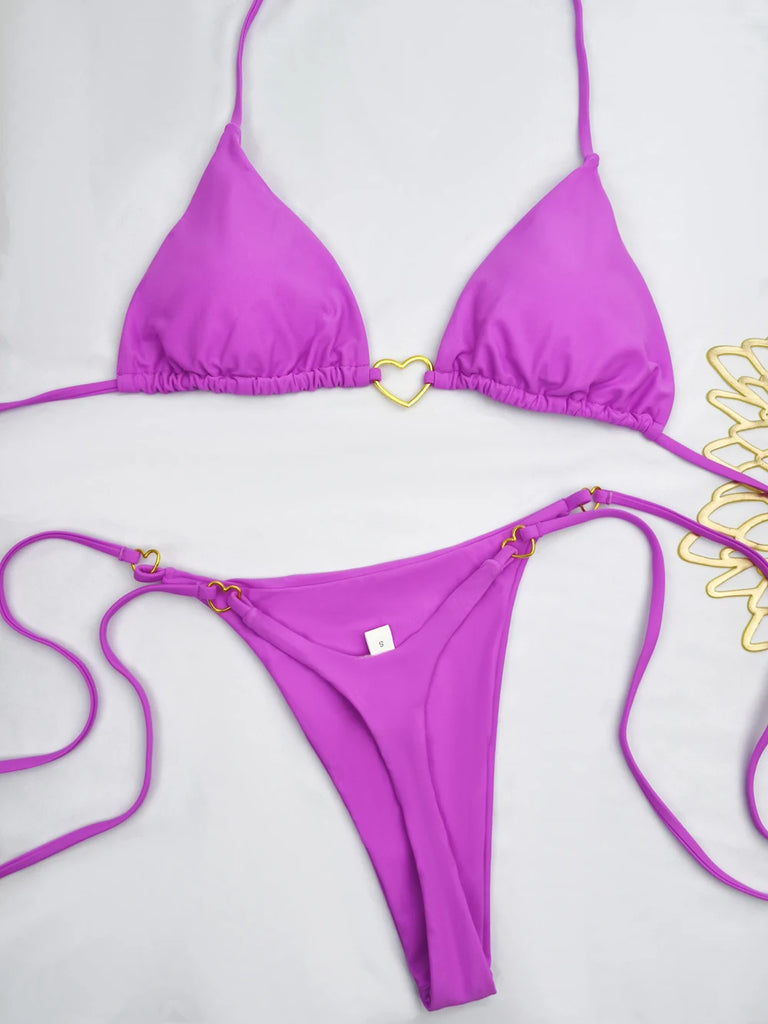 Women’s Sexy Halter Triangle Bikini – Low‑Waist Brazilian Thong Two‑Piece Swimsuit (Solid Color)