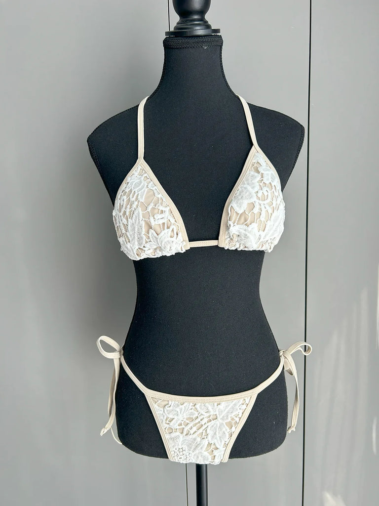 Women’s 2025 Vintage Halter 3‑Piece Bikini Set – Lace Swimsuit with Matching Skirt