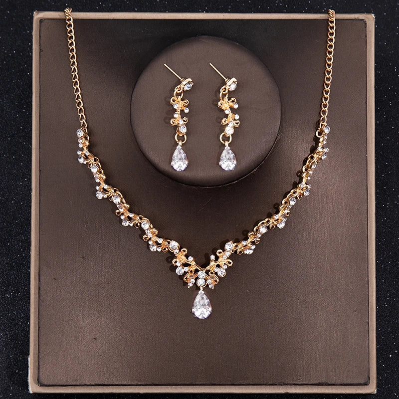 3 Pcs Luxury Silver Color Crystal Water Drop Bridal Jewelry Set Rhinestone Tiara Crown Necklace Earring Set Bridal Wedding Jewel