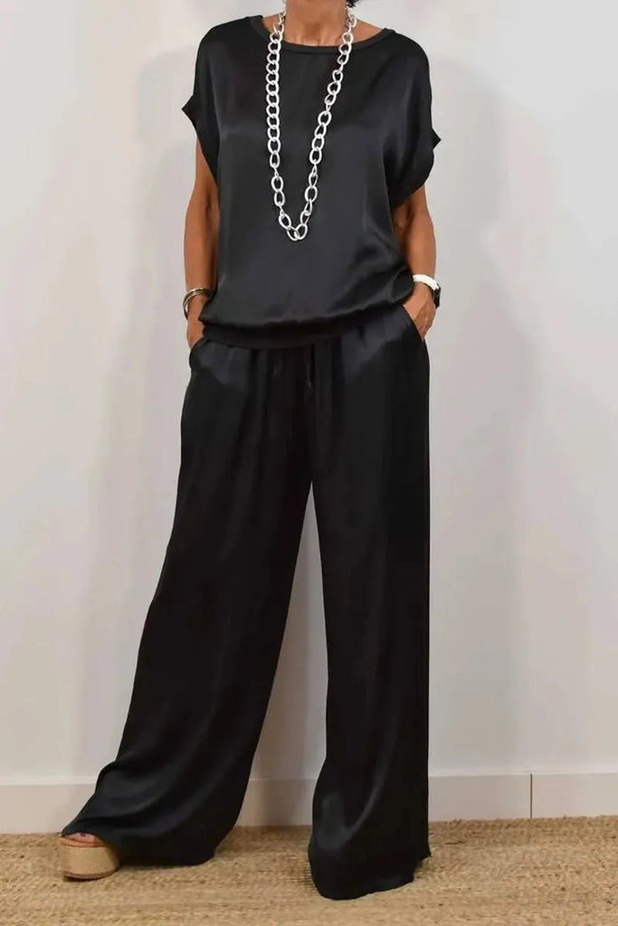 2025 Spring Satin Oversize Women Suit Black V-neck Tops Long Pants Loose Suits Female Summer Casual Trendy Ladies Clothes Sets
