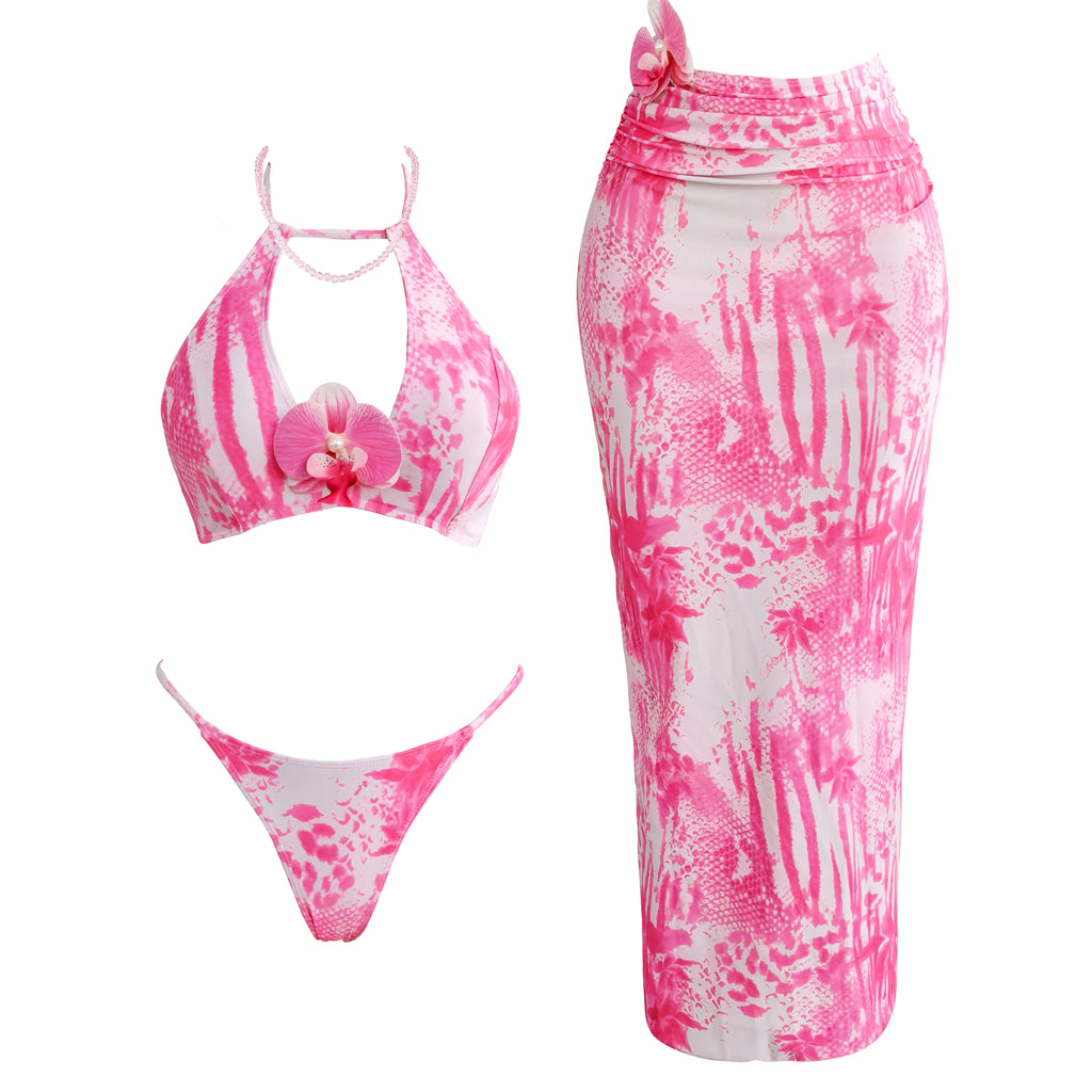 Women’s 2025 Flower Print One‑Shoulder 3‑Piece Bikini Set with Cover‑Up – Sexy Summer Beachwear
