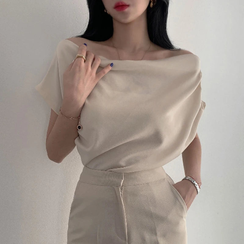 Temperament Off Shoulder Design Versatile Short Sleeve Pile Up Collar Shirt Slash Crop Top Blusas Mujer De Moda 2025 Slim Shirts