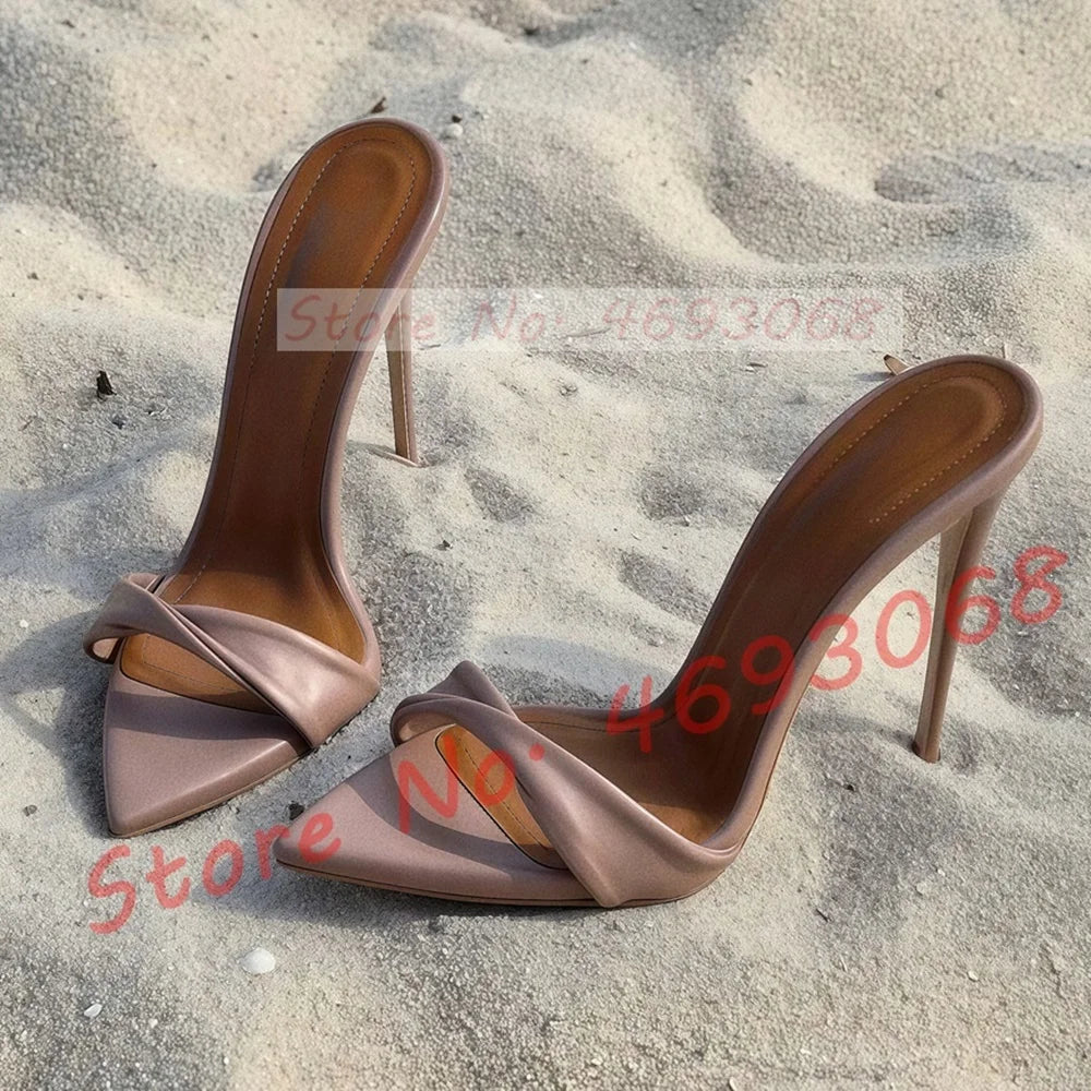 Black Twist Strap Stiletto Mules Women Sexy Red Insole High Heels Ponted Toe Slippers Ladies Stylish Outside Catwalk Party Shoes