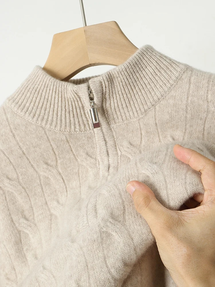 Autumn Winter Men Half Zippers 100% Merino Wool Sweater Thicken Twist Flower Pullover Retro Casual Cashmere Knitwear Solid Tops