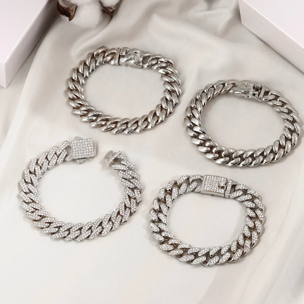 1Pcs 13/14MM Cuban Chain Bracelet for Men Women Prong Miami Rhinestones Cuban Bracelets Wristband Hiphop Gifts Jewelry