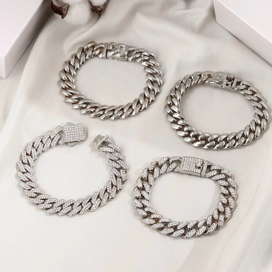 1Pcs 13/14MM Cuban Chain Bracelet for Men Women Prong Miami Rhinestones Cuban Bracelets Wristband Hiphop Gifts Jewelry