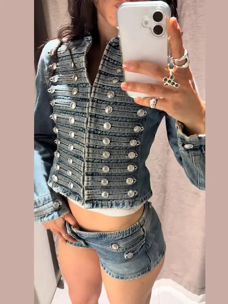 Chic Stand‑Collar Denim Coat & Shorts Suit