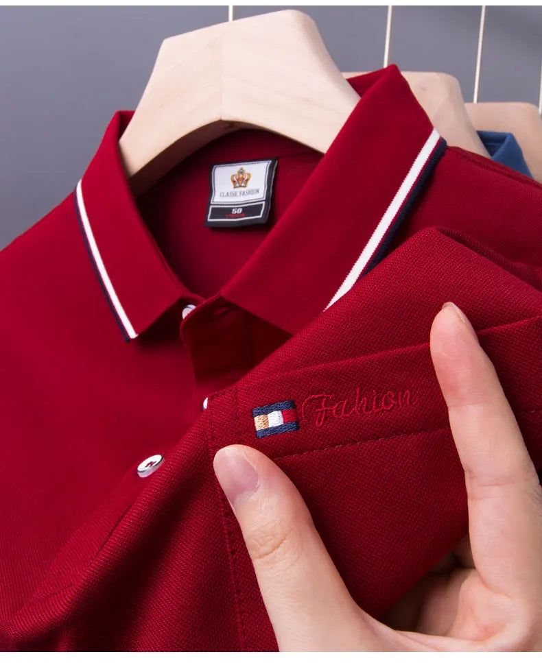 Top Grade Summer Short Sleeve Korean New Fashion Cotton Soft Pure Color Lapel Slim Fit Casual Tops Men's pocket Polo Shirts