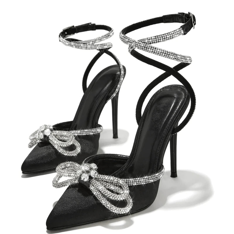 Eilyken Designer Butterfly-knot Crystal Buckle Strap Women Pumps Street Style Elegant Thin High Heels Stripper Prom Shoes