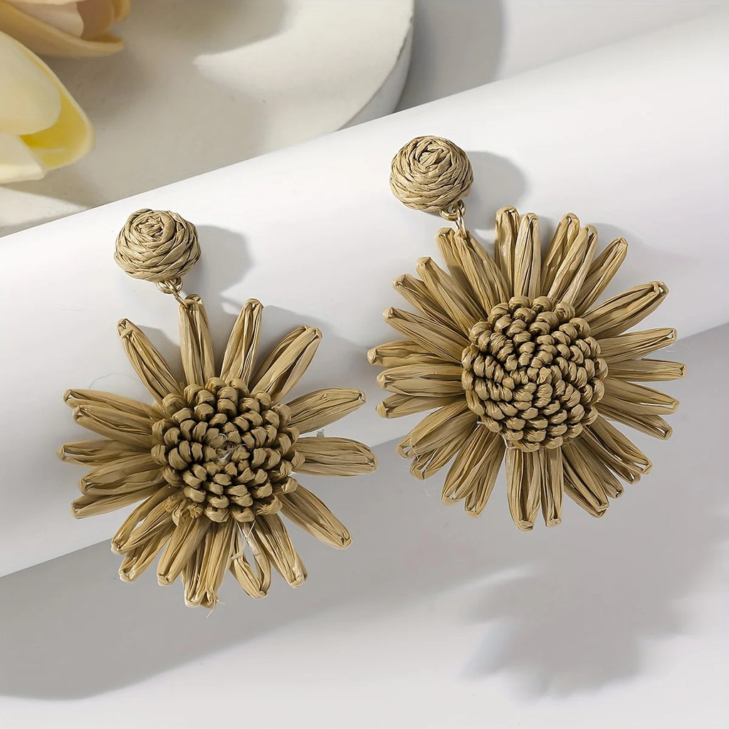 Bohemian vacation style hand-woven raffia sunflower droop earrings beach style multi-color fashion ladies special gift (1 pair)