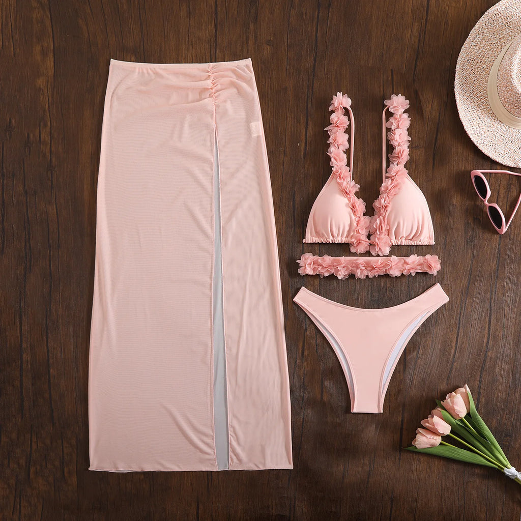 Floral Edge 3‑Piece Bikini Set with Mesh Skirt – 3D Flowers, V‑Neck Women’s Swimwear, Padded Bather, Summer Beach Biquini