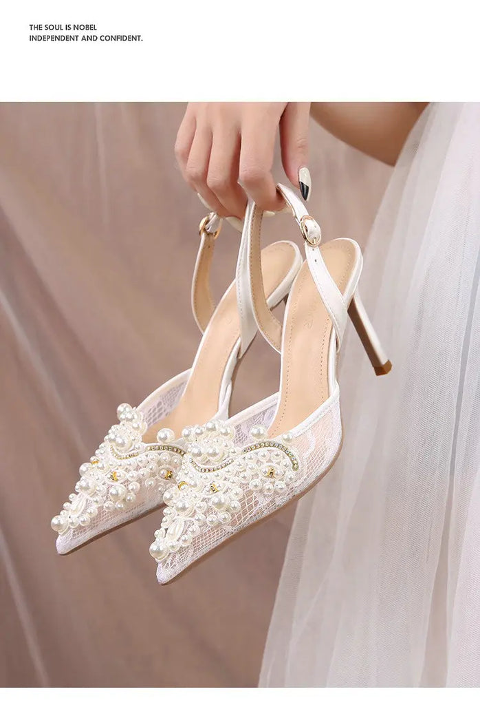 2025 White Wedding Shoes Bridesmaid Shoes Women's Lace Shoes Fashion High Heels Pearl Pumps