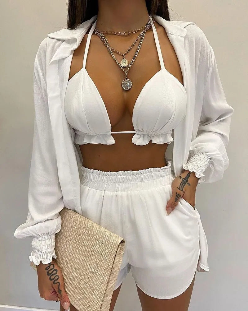 Women’s 2024 High‑Waist 3‑Piece Bikini Set – Printed Swimsuit with Shorts Cover‑Up Summer Beachwear