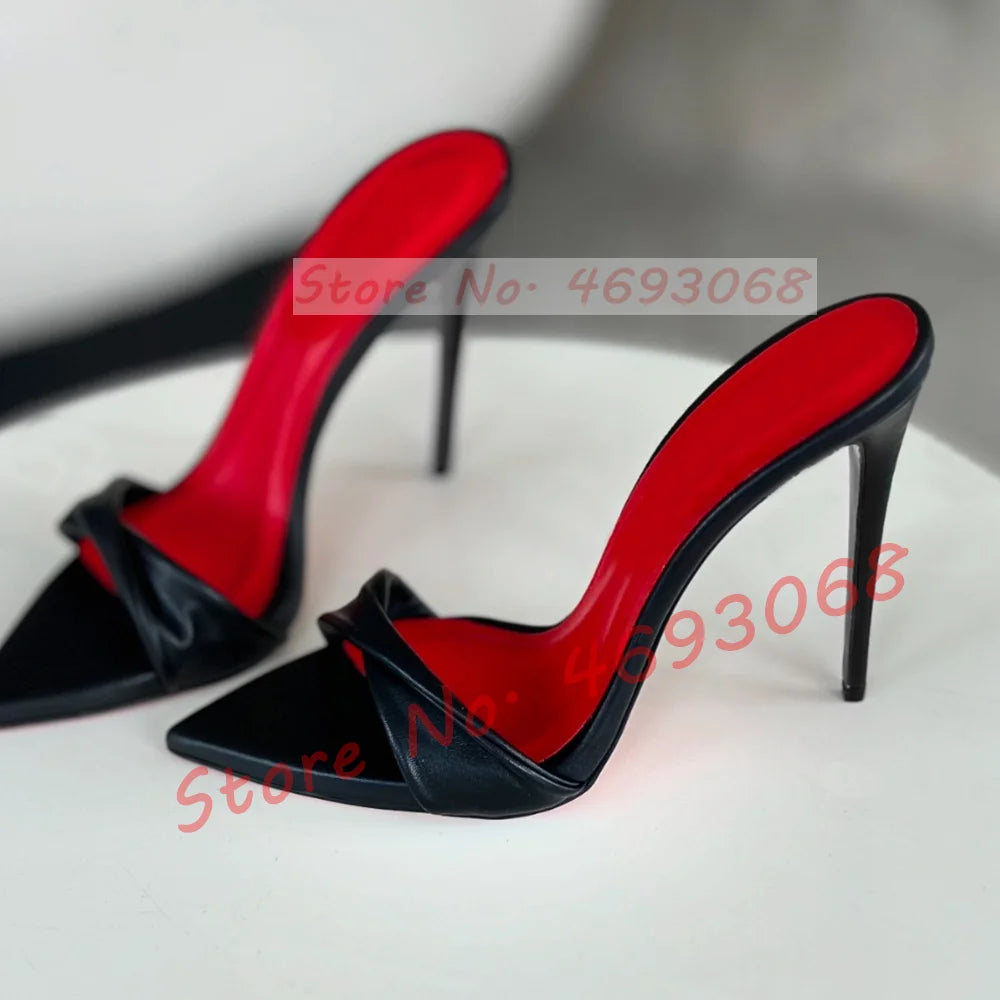 Black Twist Strap Stiletto Mules Women Sexy Red Insole High Heels Ponted Toe Slippers Ladies Stylish Outside Catwalk Party Shoes