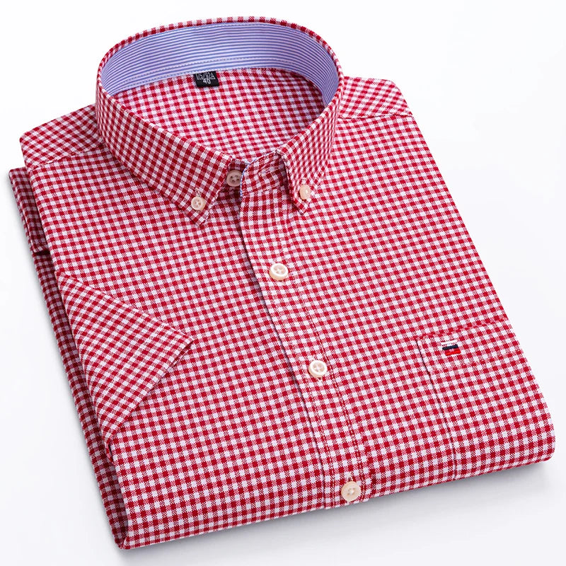 Men’s 100% Cotton Oxford Short‑Sleeve Shirt – Breathable Summer Plaid/Striped Business Casual (Regular/Oversized Fit)