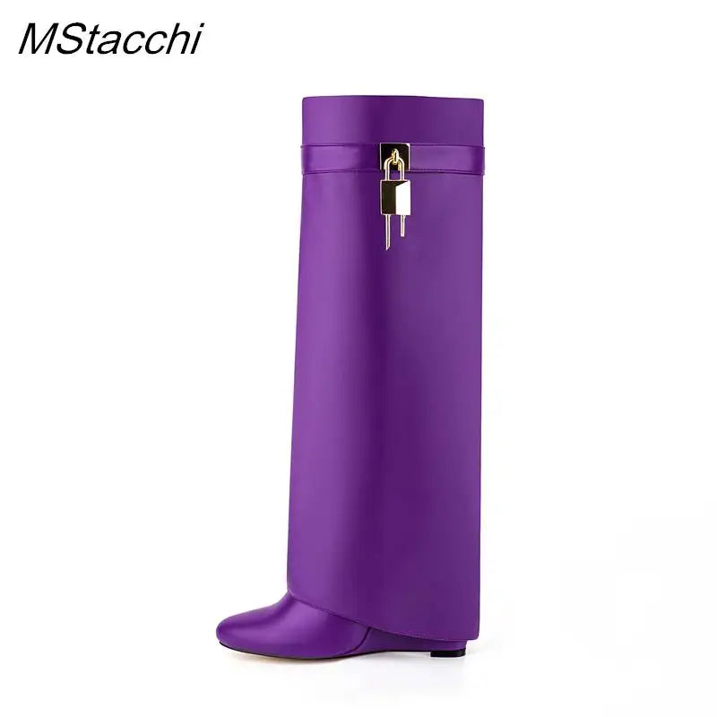 Lock Metal Buckle Women Knee High Boots Wedges Shoes For Woman Punk Style Round Toe Zipper Cowboy Boots Trend 2025 Female Shoes