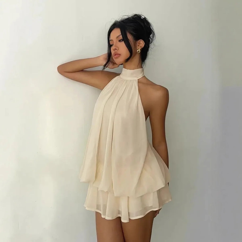 Women’s Backless Halter Neck Dress – Tie‑Front Chiffon Sheer Mini Skirt, Sexy Y2K Vintage Party Dress