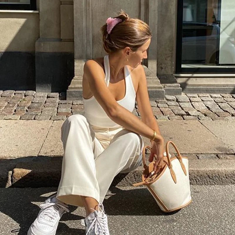 White Halter Backless Ribbed Knit Crop Top — 2023 Streetwear Feminino Style