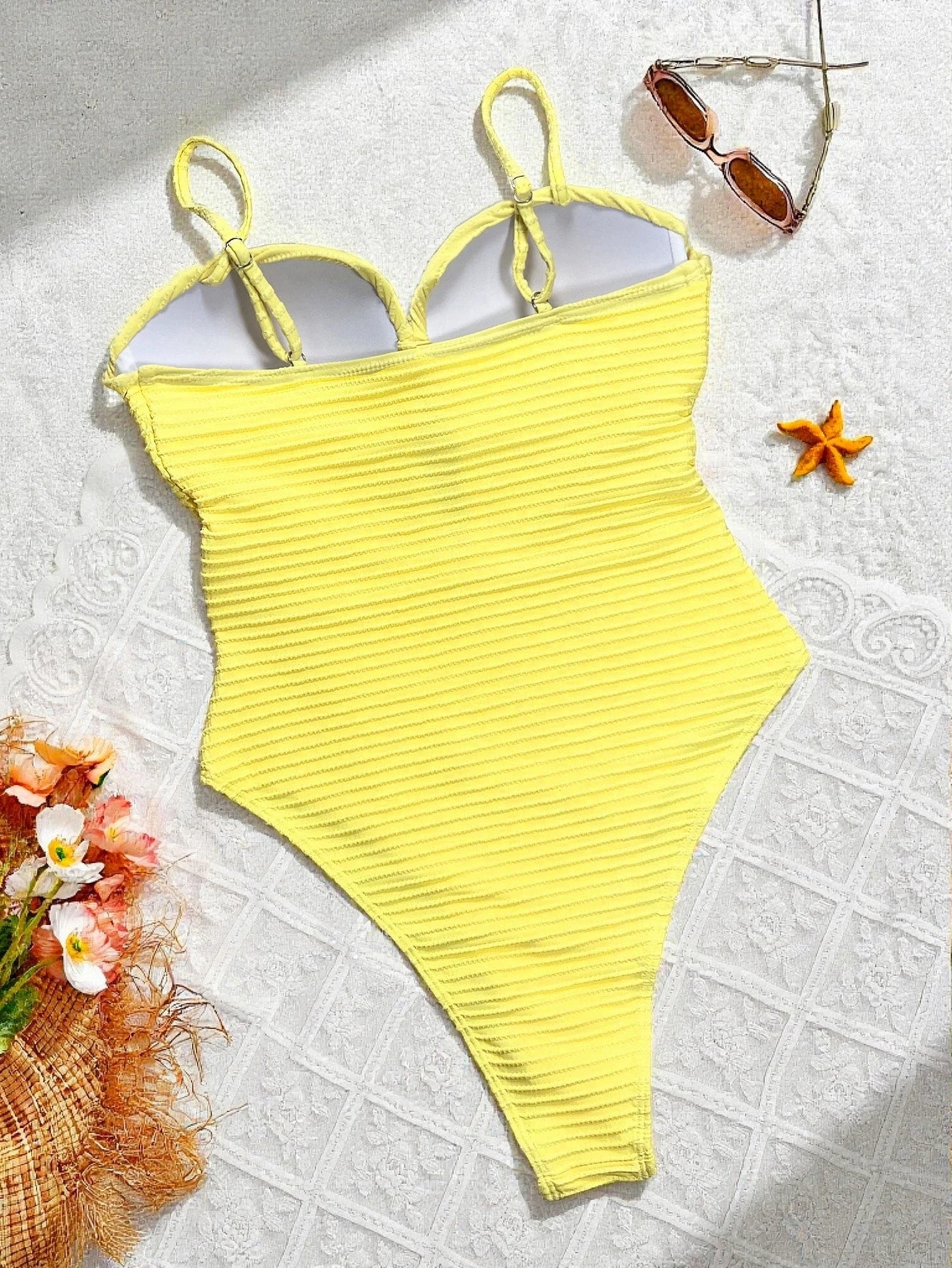 Sexy Yellow Hollow‑Out Cross One‑Piece Swimsuit