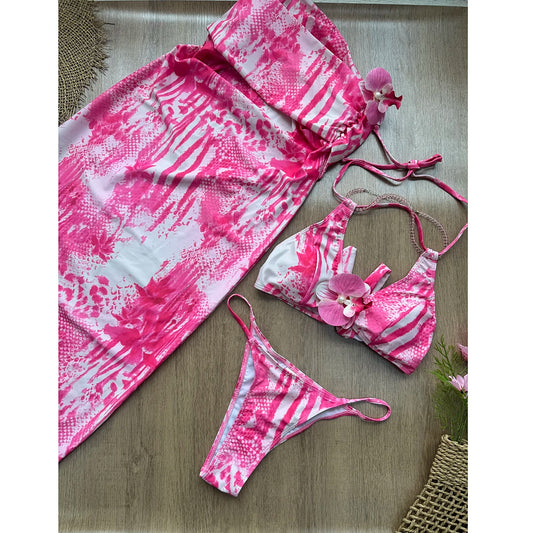Women’s 2025 Flower Print One‑Shoulder 3‑Piece Bikini Set with Cover‑Up – Sexy Summer Beachwear