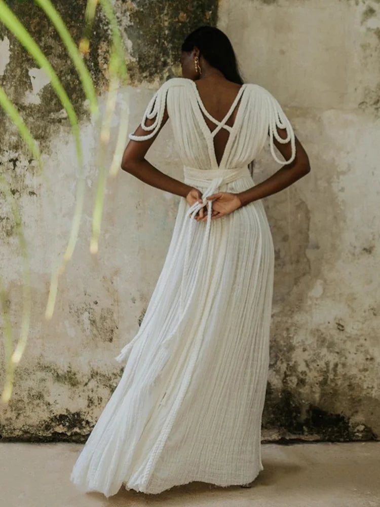 Strap Off Shoulder Hanging Neck Woven Rope Women Dress V-neck Slit Pleated Robe 2025 Summer Vacation Beach Lady Long Dresses