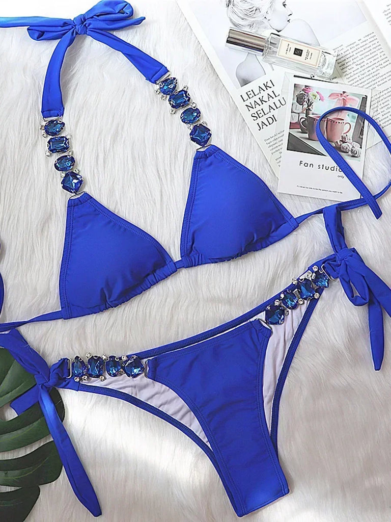 Women’s 2026 Rhinestone Diamond Bikini – Halter Chain Two‑Piece Swimsuit, Sexy Shiny Brazilian Swimwear