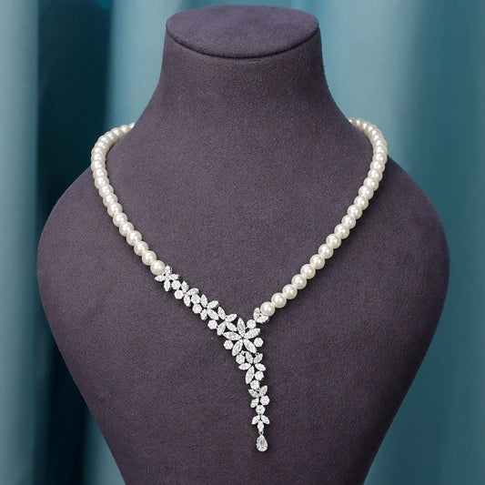 JEWEL Hot Sale New Style Pearl Necklace Bracelet Earrings Ring 4PCS Cubic Zirconia Set For Women Bride Wedding Jewelry