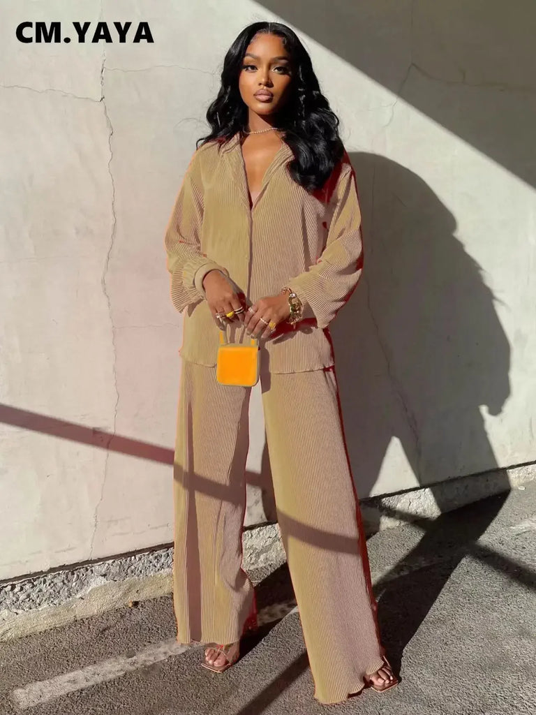 CM.YAYA Street Women's Set Long Sleeve Shirt Tops and Wide Leg Pants Elegant Tracksuit Two Piece Set Sweatsuit Fitness Outfits
