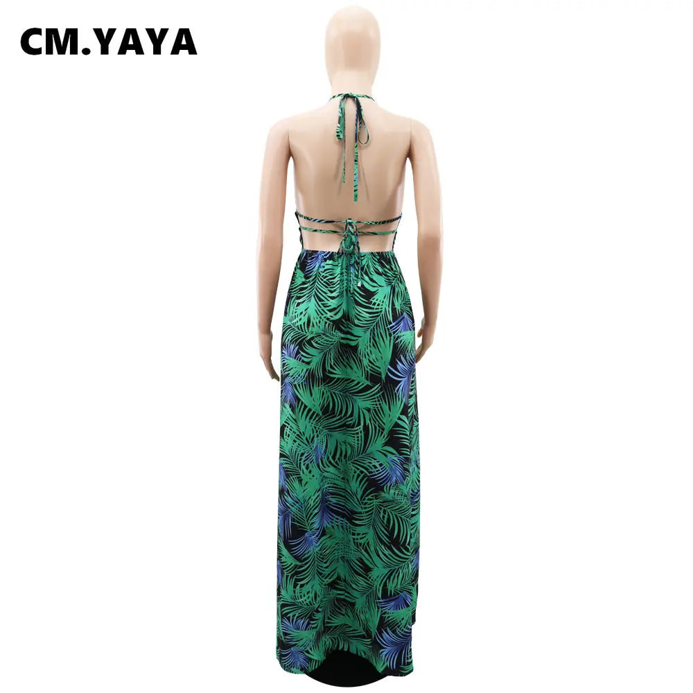 CM.YAYA Women Leaf Printed Spaghetti Strap Backless Deep V-neck Straight Maxi Long Dress 2023 Beach Sexy Street Vestidos Dresses
