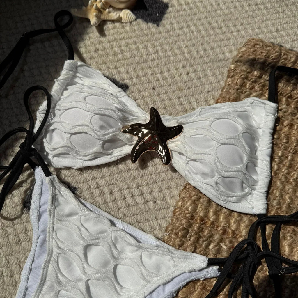 Women’s Metal Star High‑Cut Strappy Bikini – Sexy Two‑Piece Backless Swimsuit V6817