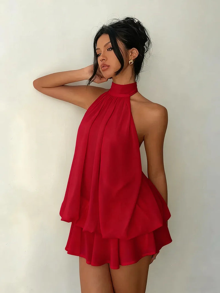 Women’s Backless Halter Neck Dress – Tie‑Front Chiffon Sheer Mini Skirt, Sexy Y2K Vintage Party Dress