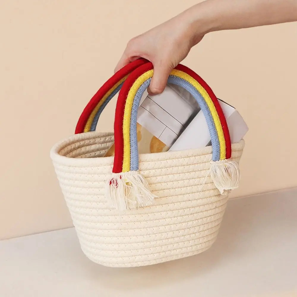 Rainbow Cotton Rope Woven Bag Handbag Girls Handmade Desktop Storage Basket Cosmetic Organizert Box Picnic Basket