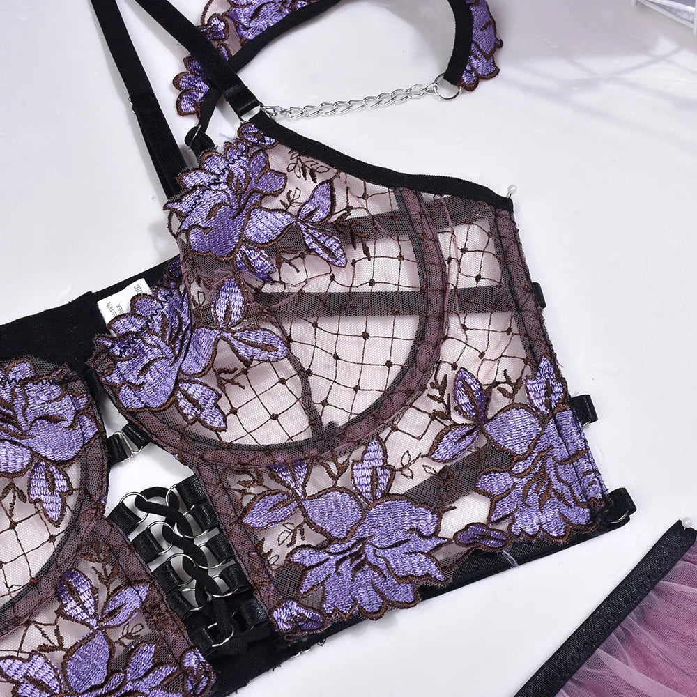 Brskbzda Fancy Lingerie Set Floral Sexy Porn Underwear Women Body Ruffle Garters Briefs Transparent Bra Chic Sexy Costume 3Piece