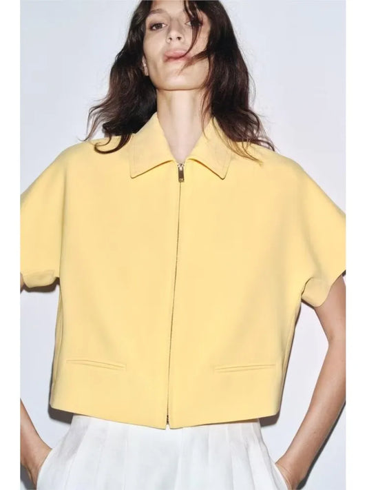HipSeam Women Lapel Collar Short Jacket Women's Cropped Short Collared Jackets With Zipper Lady Short Sleeve Coat Female Jacket