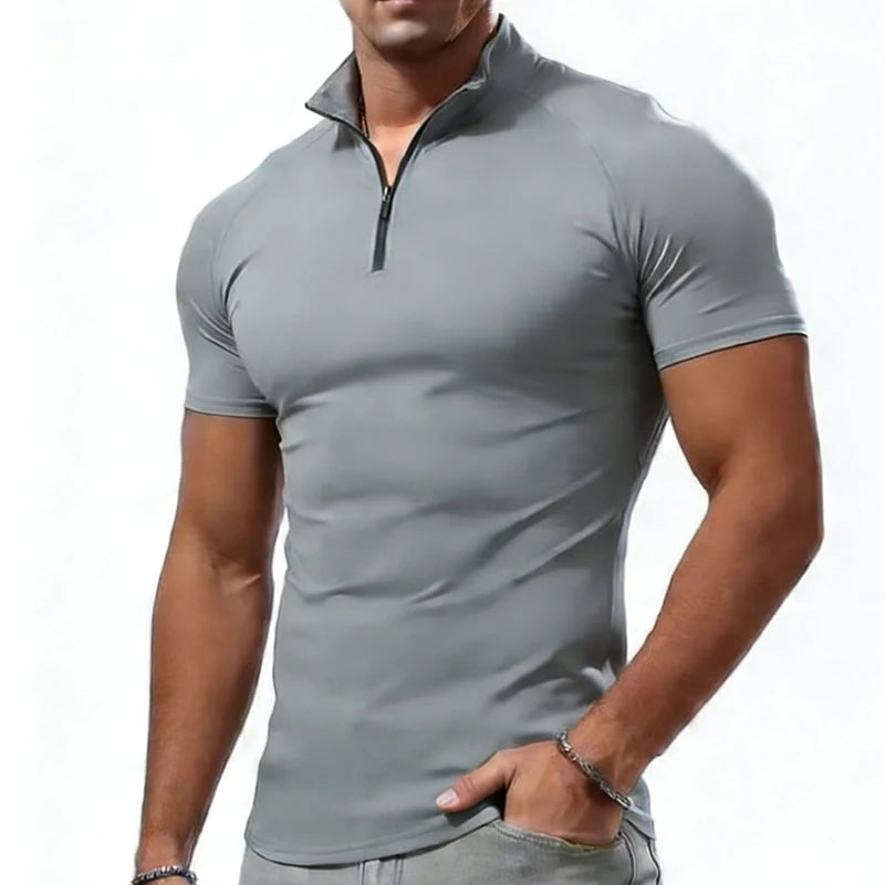 Men’s Compression T‑Shirt – Summer Slim Fit Zipper Neck Gym Fitness Tee, Skinny Casual Fashion Top