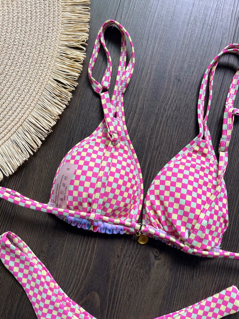 Brazilian High‑Leg Plaid Bikini