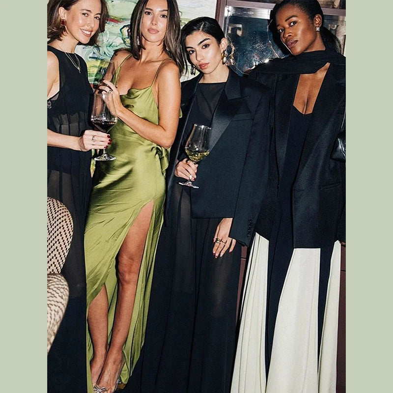 Fashion Satin Ruffles Sling Maxi Dress For Women Elegant Side Split Long Dress 2025 Sexy Backless Sleeveless Club Female Vestido