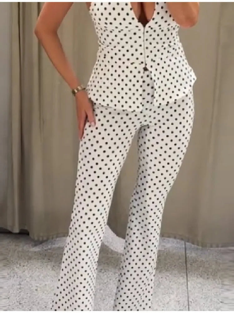 Women’s Retro Polka‑Dot Halter V‑Neck Set