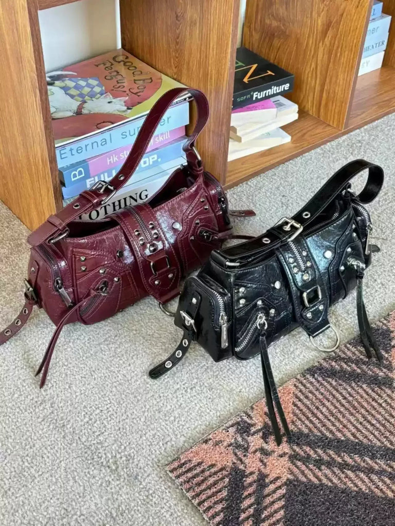 Women's Y2k Studded PU Leather Shoulder Purse Gothic Punk Vintage Rivet Handbag Black Bag with Spikes Luxury Underarm Bags