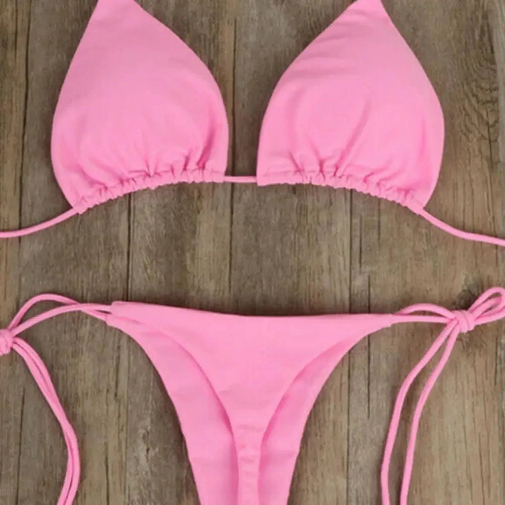 Women’s 2025 Solid Halter Triangle Bikini – Two‑Piece Thong Swimsuit for Summer Beachwear