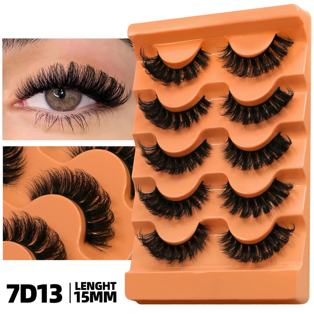 GROINNEYA Fluffy Lashes 5 Pairs D Curl 3D Mink False Eyelashes Thick Volume Russian Strip Lashes Mink Lashes Faux Natural Fake L